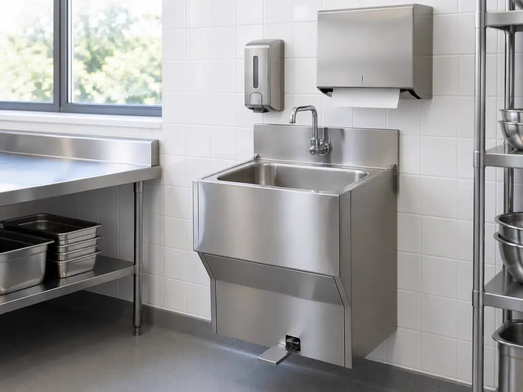 Handwaschbecken aus Edelstahl mit Seifenspender und Papierhandtuchspender