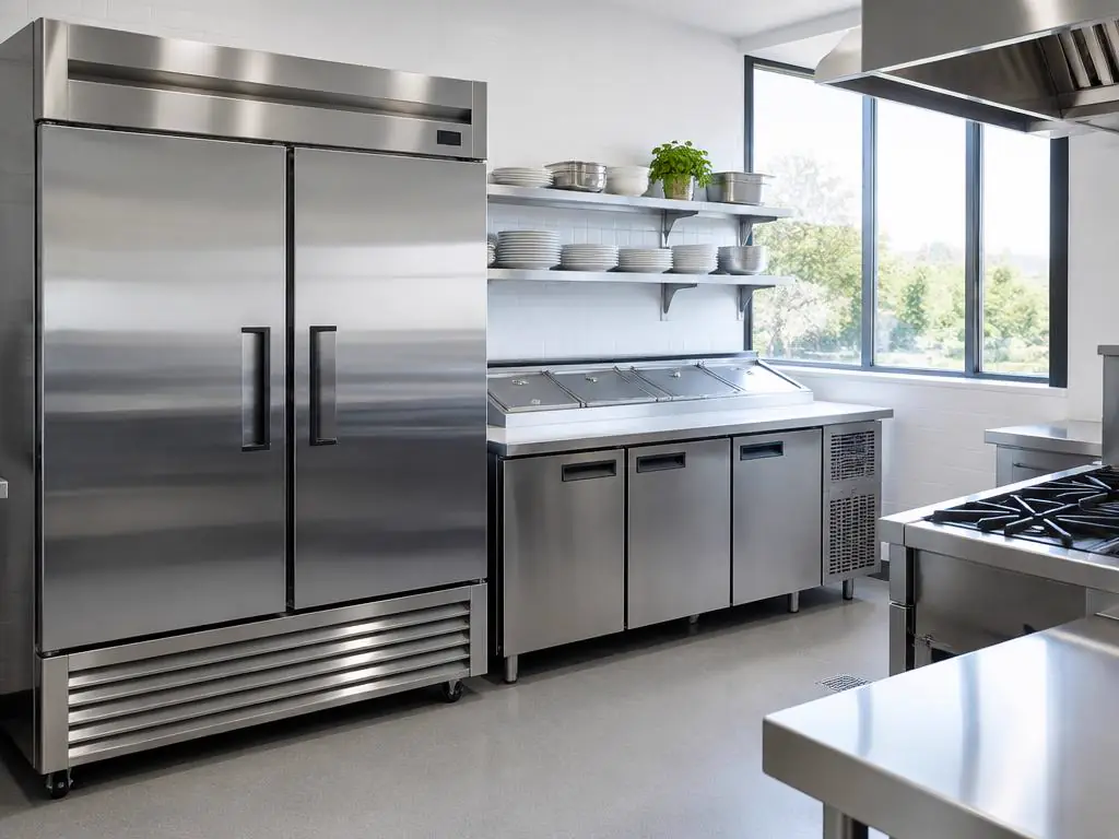 Edelstahl-Kühlschrank und Kühltisch in einer Gastronomieküche