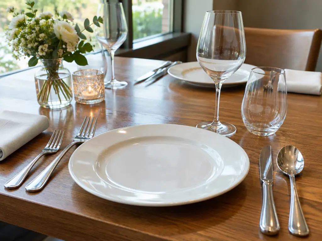 Gedeckter Restauranttisch mit Porzellanteller, Besteck und Gläsern