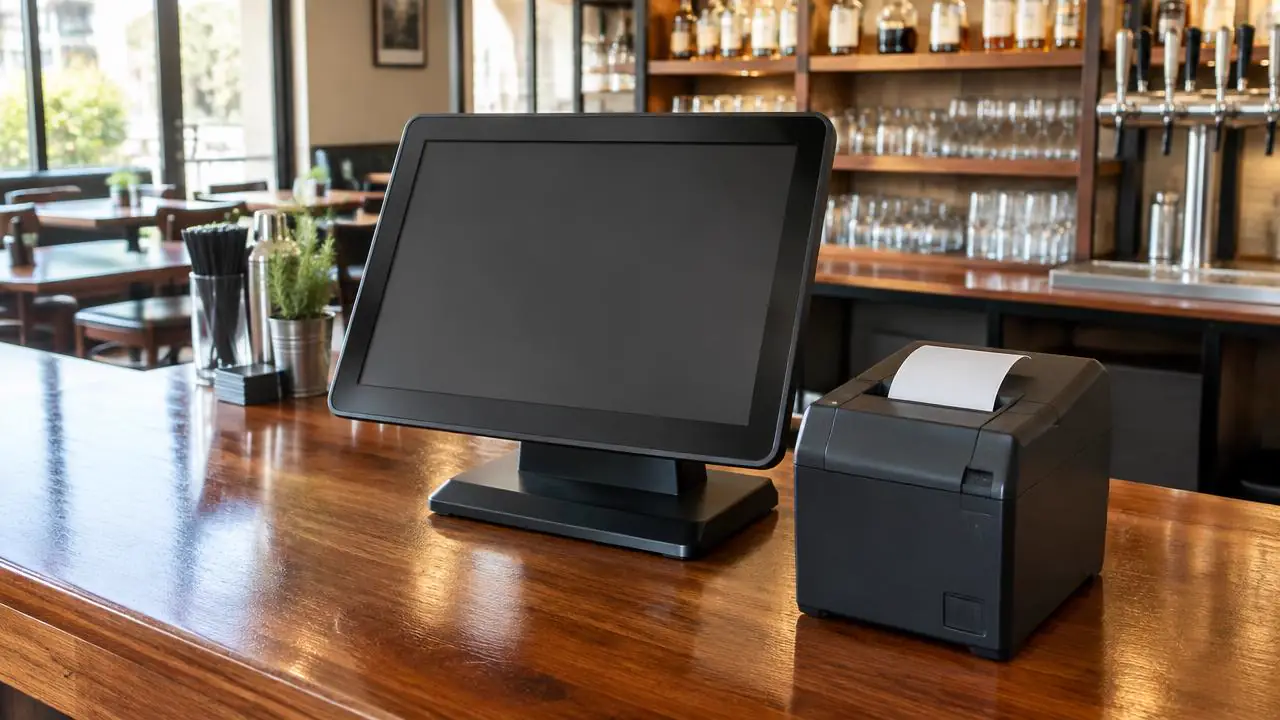 Kassenterminal mit Bondrucker auf dem Tresen eines Restaurants
