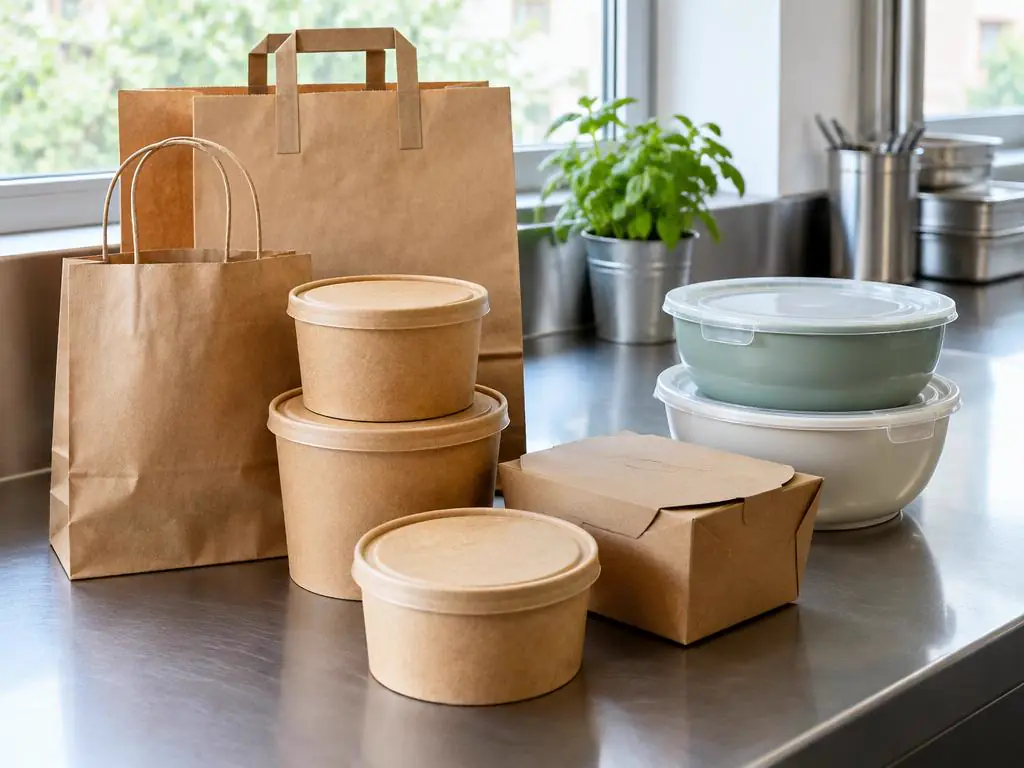 Unbedruckte To-go-Becher, Papiertüten und Mehrwegschalen auf einer Arbeitsfläche