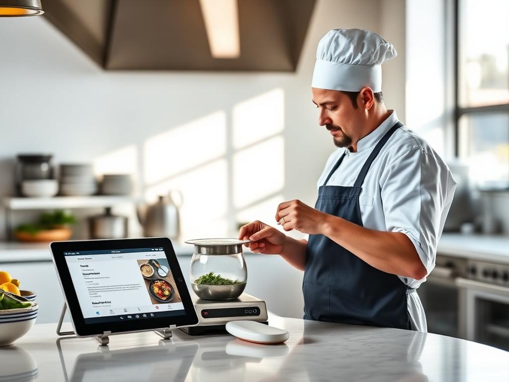 Koch wiegt Zutaten auf einer Digitalwaage neben einem Tablet mit der Rezeptur