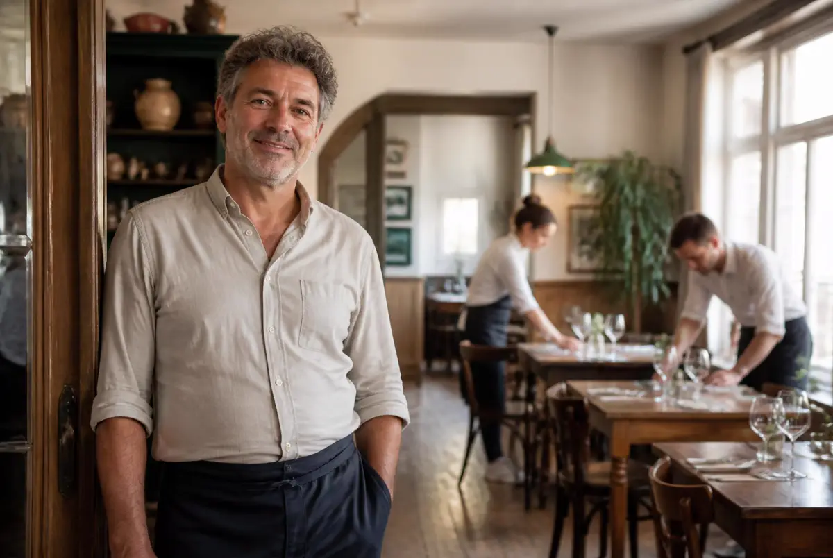 Gastwirt im Gastraum seines Restaurants, im Hintergrund deckt das Team die Tische ein