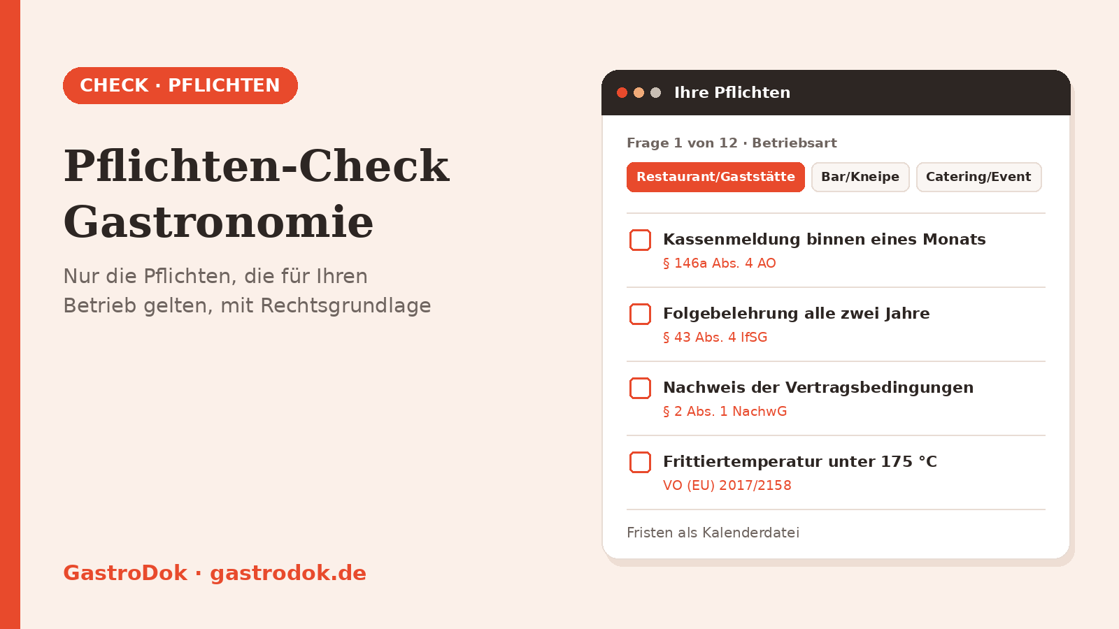 Pflichten-Check Gastronomie: Liste betrieblicher Pflichten mit Rechtsgrundlage nach Betriebsart