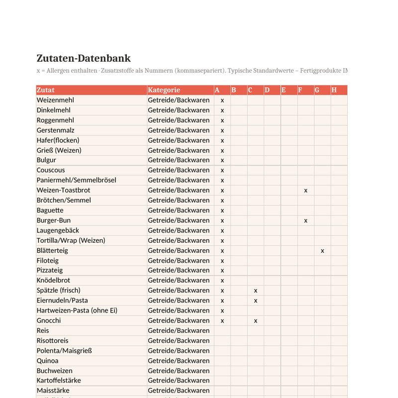Allergen- & Zusatzstoff-Matrix-Generator für die Gastronomie – Vorschau einer Seite aus dem Paket
