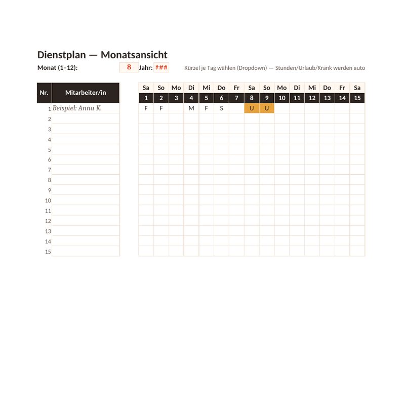 Dienstplan-Excel für die Gastronomie – Vorschau einer Seite aus dem Paket