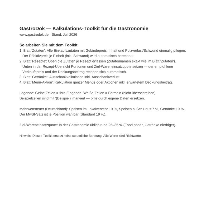 Kalkulations-Toolkit für die Gastronomie – Vorschau einer Seite aus dem Paket