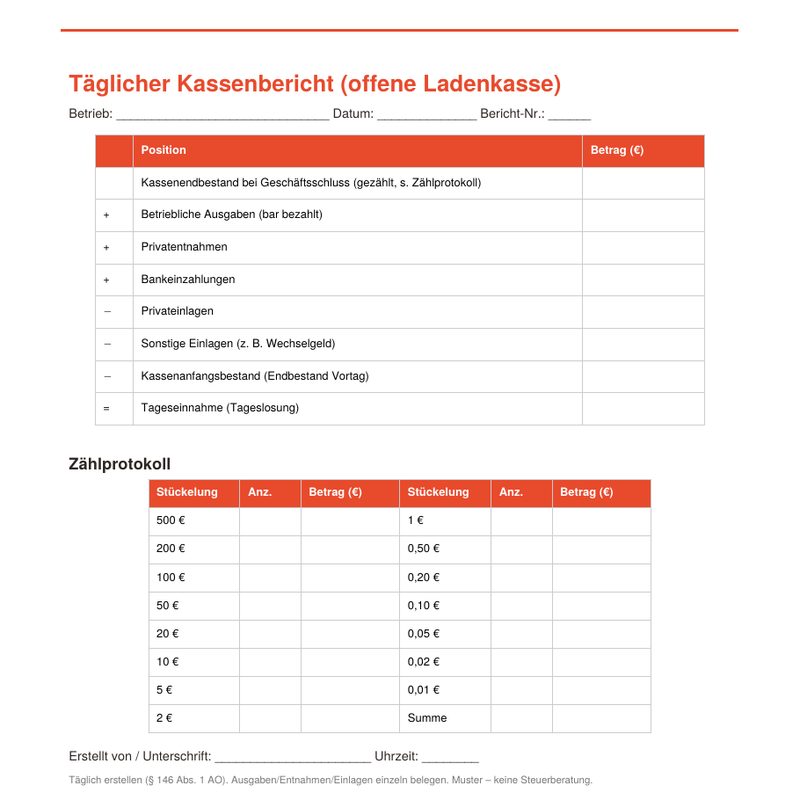 Kassenbericht-Vorlage (retrograd, Excel + PDF) – Vorschau einer Seite aus dem Paket