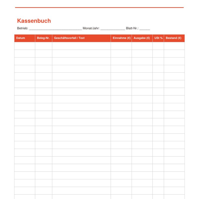 Kassenbuch-Vorlage 2026 (Excel + PDF) – Vorschau einer Seite aus dem Paket