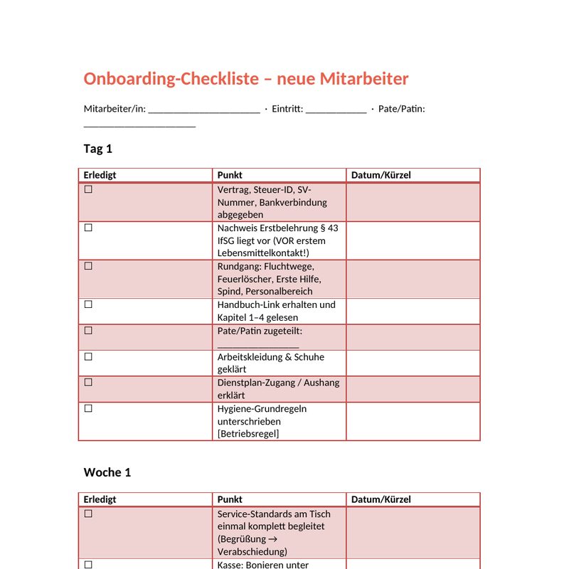 Digitales Mitarbeiter-Handbuch für die Gastronomie – Vorschau einer Seite aus dem Paket