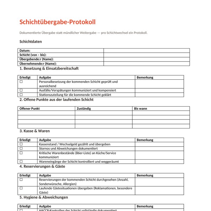 Schichtführungs-Paket für die Gastronomie – Vorschau einer Seite aus dem Paket