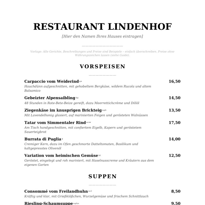 Speisekarten-Paket für die Gastronomie – Vorschau einer Seite aus dem Paket