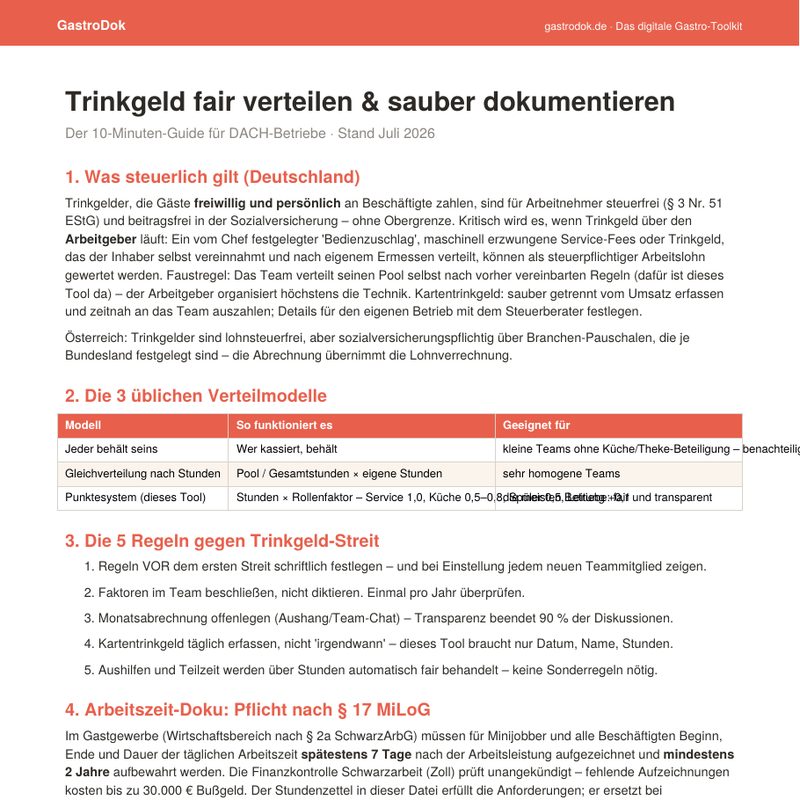Trinkgeld-Verteiler & Stundenzettel-Tool für die Gastronomie – Vorschau einer Seite aus dem Paket
