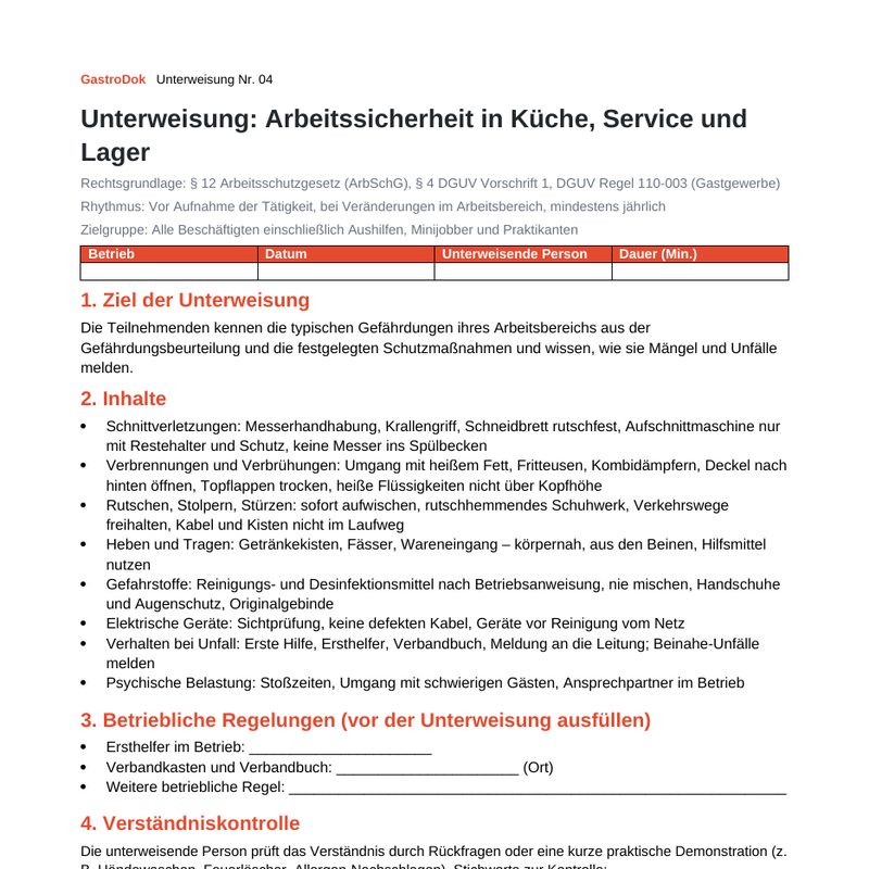 Unterweisungs-Paket für die Gastronomie – Vorschau einer Seite aus dem Paket
