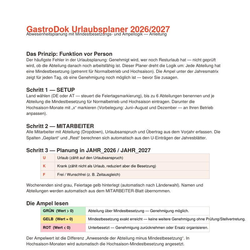 Urlaubsplaner Gastronomie 2026/2027 (Excel) – Vorschau einer Seite aus dem Paket