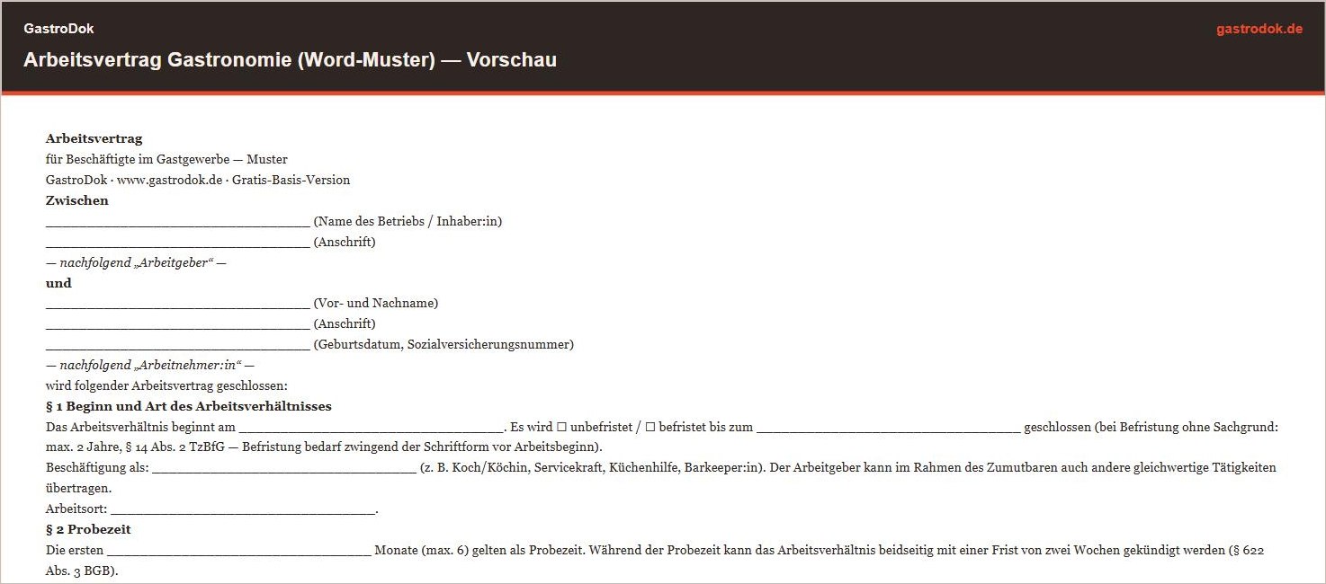 Vorschau Arbeitsvertrag-Muster für Beschäftigte im Gastgewerbe als Word-Vorlage