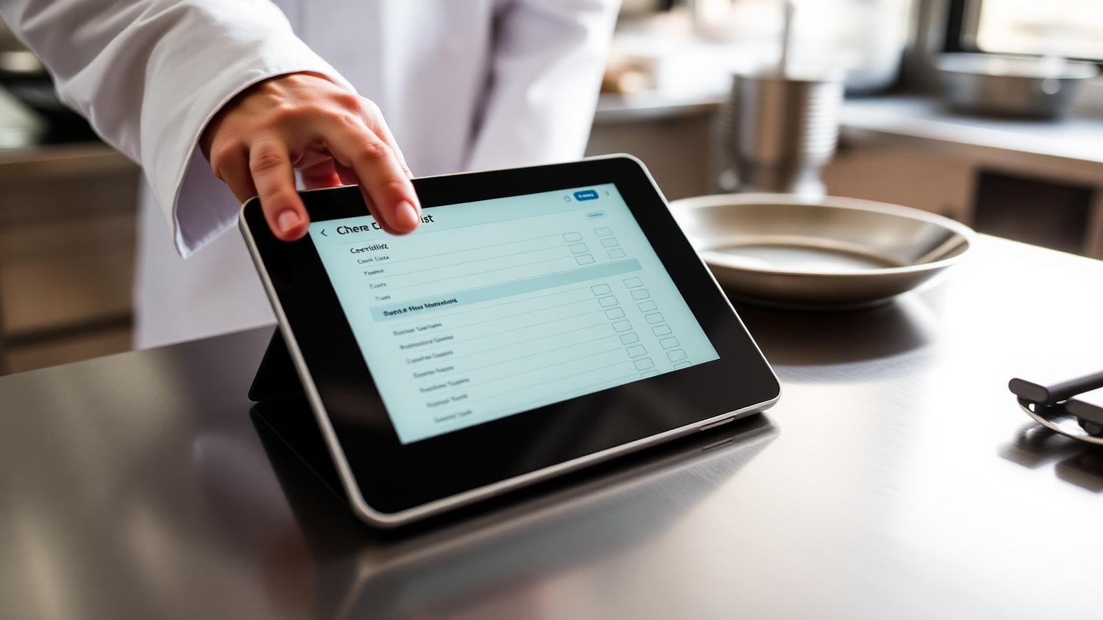 Ausfüllbare Kontrollliste auf einem Tablet in einer Restaurantküche