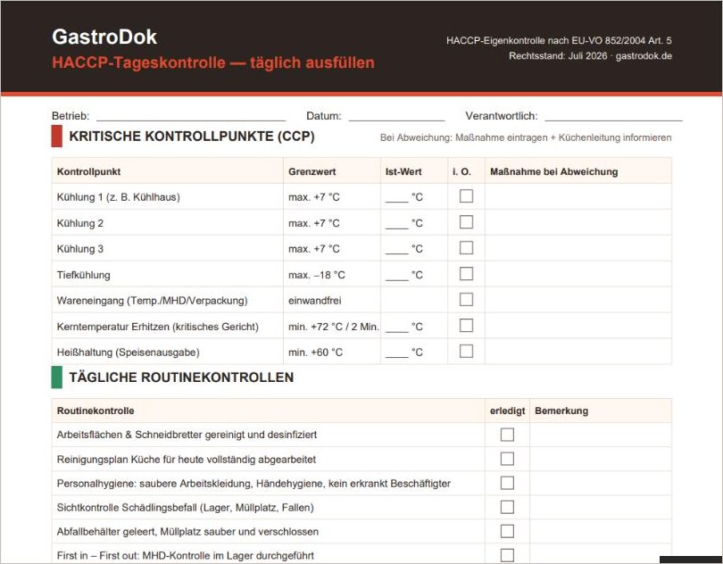 Vorschau HACCP-Tageskontrolle Checkliste: Kritische Kontrollpunkte mit Grenzwerten und Routinekontrollen