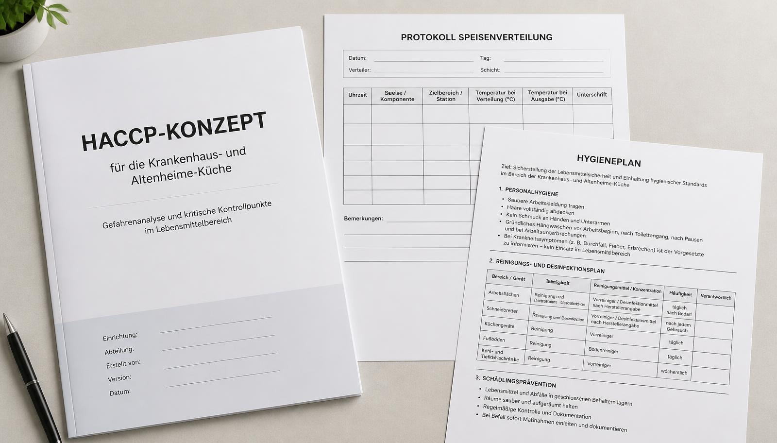 Seiten aus dem HACCP-Paket für Klinik- und Pflegeeinrichtungen: HACCP-Konzept, Verteilprotokoll und Hygieneplan
