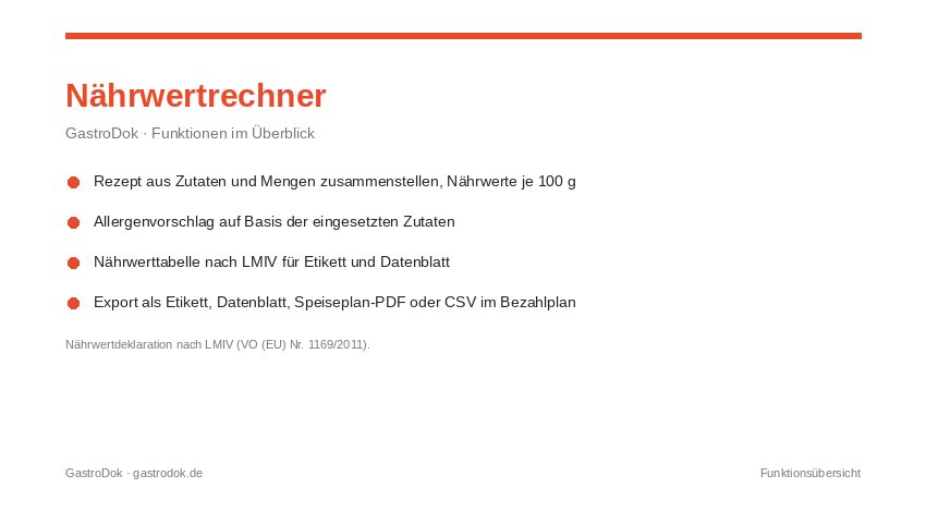 Nährwertrechner für Rezepte: Funktionsübersicht mit Bundeslebensmittelschlüssel als Datenbasis, Nährwerttabelle, Etikett und Exportgrenzen im Gratis-Plan