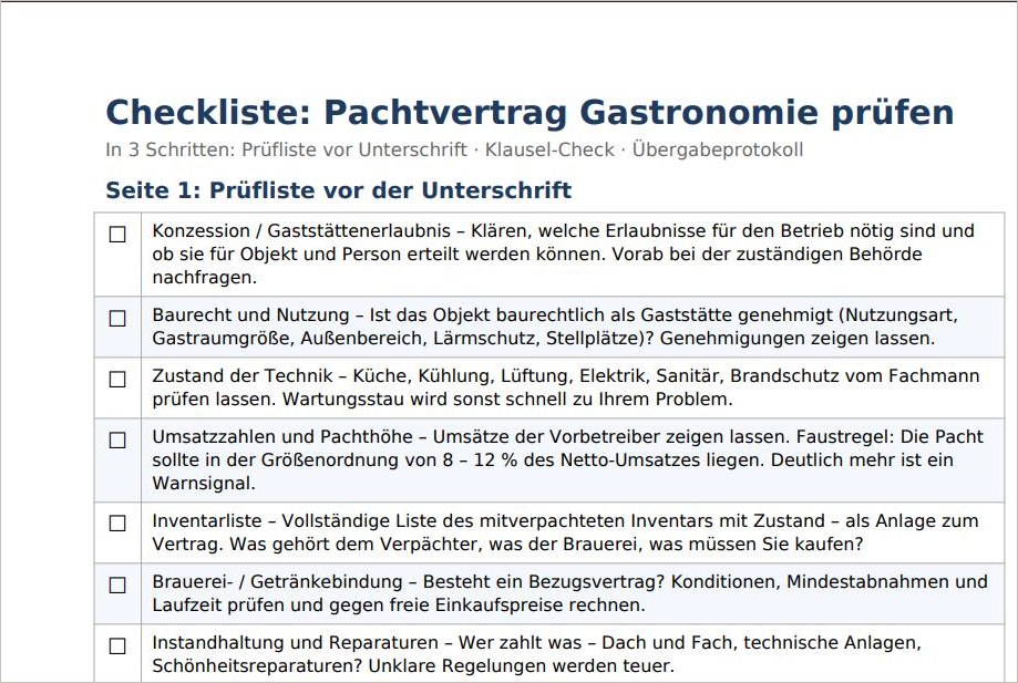 Vorschau Checkliste Pachtvertrag Gastronomie: Prüfliste vor der Unterschrift
