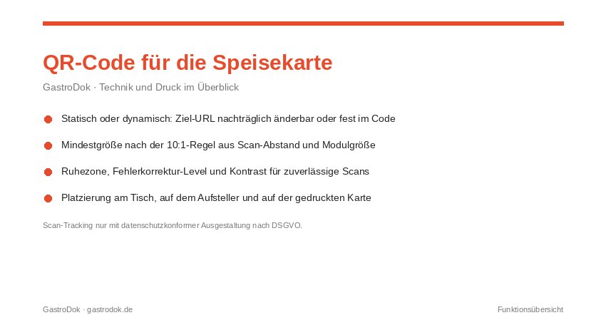 QR-Code für die Speisekarte: Funktionsübersicht mit Code-Erzeugung, Zielseite der digitalen Karte am Smartphone und druckfertigem Tischaufsteller
