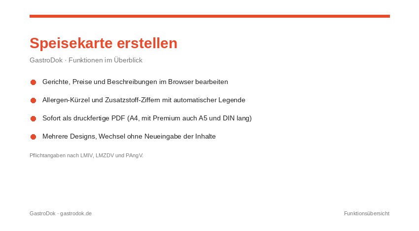 Speisekarte erstellen mit dem GastroDok-Designer: Vorlagenauswahl, Allergen-Kürzel und druckfertige PDF-Ausgabe in A4, A5 und DIN lang