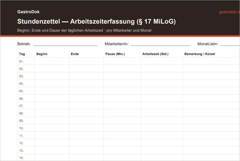 Stundenzettel-Vorlage aus dem HR-Toolkit: Arbeitszeiten, Pausen und Wochensumme je Mitarbeiter